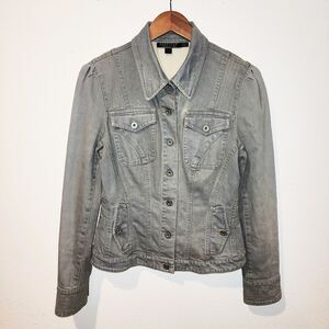 PERUVIAN CONNECTION Sz 8 Gray Denim Button Up Moto Casual Boho Rock Jean Jacket